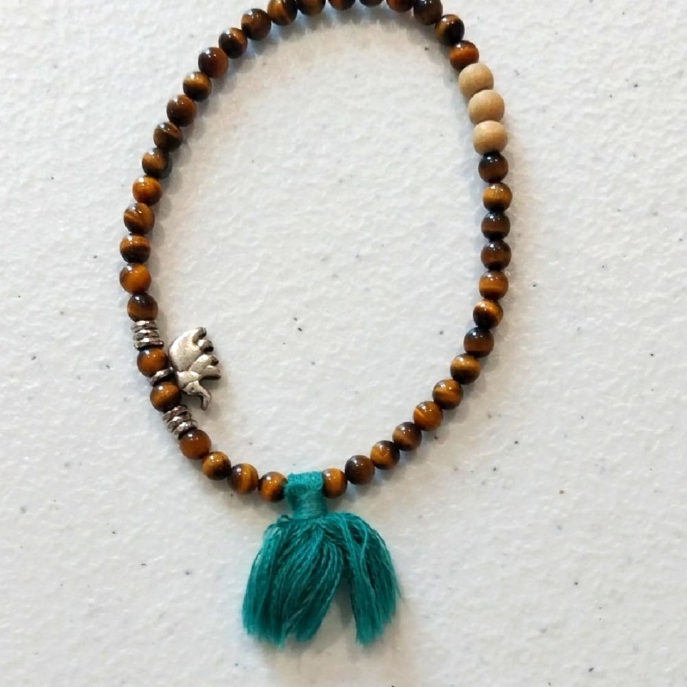 Tigereye Bracelet with Silver Charm and Tassel